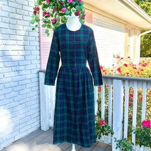 vintage 80s/90s rustic cottagecore prairie blue & green plaid christmas dress